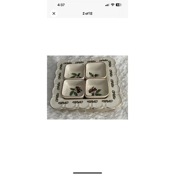 Holly Holiday Pedestal Platter W/Condiment Dishes Scalloped Edge VTG -RARE -HTF - Picture 2 of 12